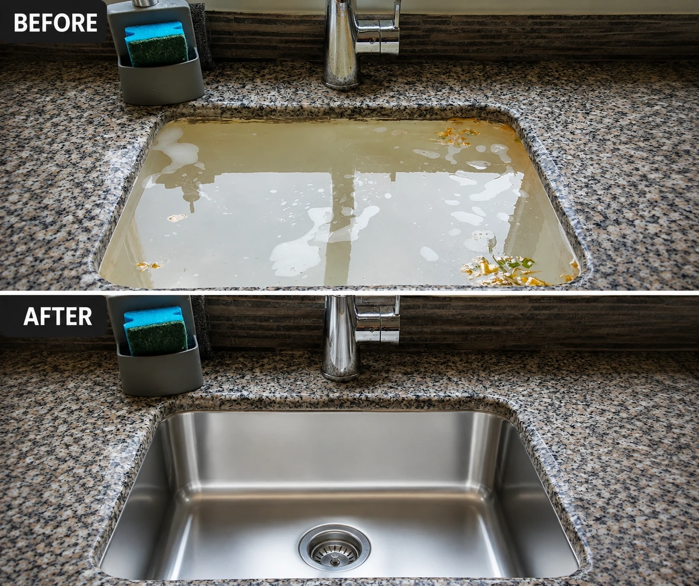 Clogged kitchen sink drain cleaning before and after Georgetown TX
