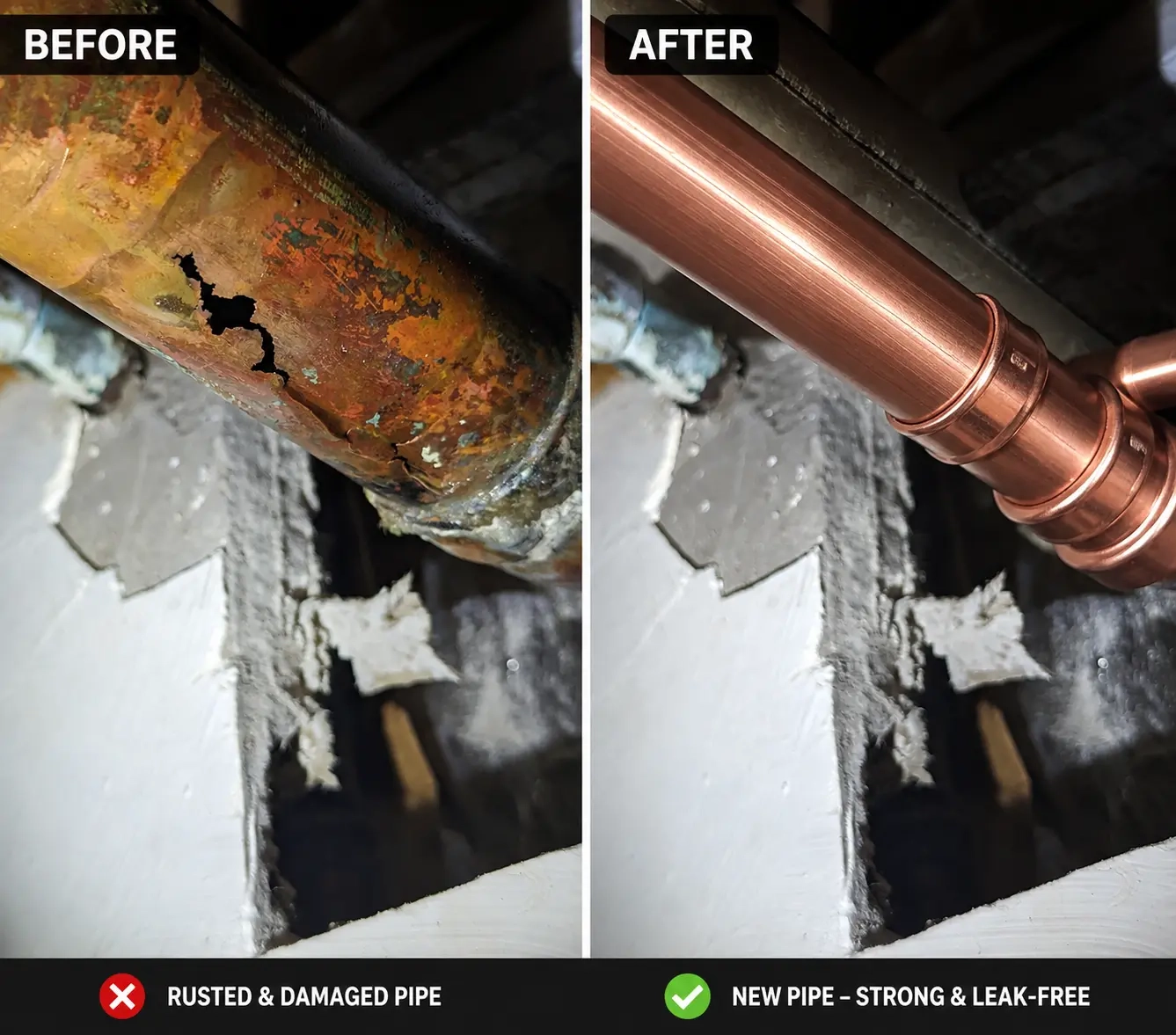 Rusted copper pipe replacement before and after Georgetown TX